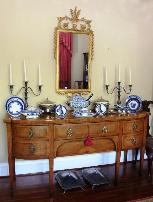 19th Century Sheraton bow front sideboard with inlaid fronts and top