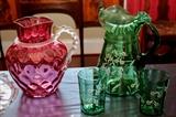 Venetian cranberry optic art glass water pitcher with applied handle, Bohemian emerald green water set (as is) 