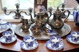 Gorham "Buttercup" silverplated 5 piece tea & coffee set;  Reed & Barton 3 light candelabra;  19th century blue willow china