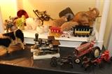 Vintage cast iron toys; Collection of animals made of stone, wood carving, and porcelain