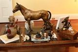 Patinated bronze horse by Davide Calandra (Italy, 1856-1915), signed "D. Calandra, 1913", 26"x29'x7";  Chinese chippendale style coffee table; Vintage duck decoys;  Vintage porcelain animals