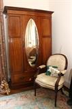 Mahogany wardrobe with satin inlays;  French style armchair