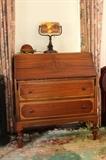 Drop front secretary; Modern stained glass desk lamp