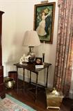 Burled mahogany turtle top gate leg game table; Oriental urn lamp; Vintage brass coal bin;  Framed Renoir print