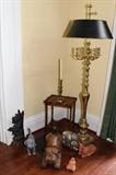 Frederick Cooper brass candelabra floor lamp; Collection of cast dogs