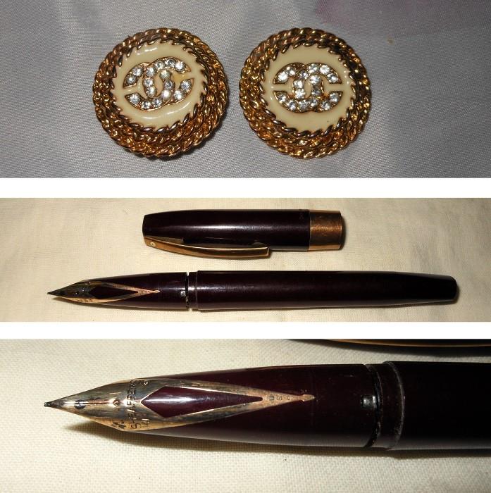 Coco Chanel Earrings marked Chanel Made in France and Sheaffer Fountain Pen with 14K Gold Nib