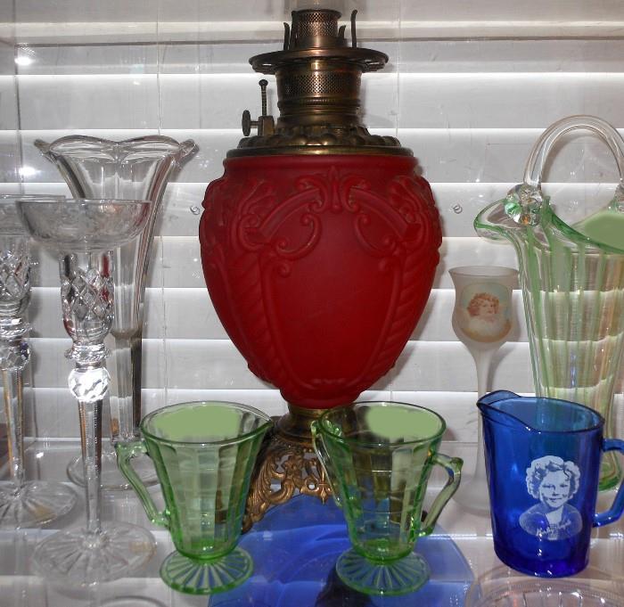 Beautiful Consolidated Glass Lamp Base, Cobalt Blue Shirley Temple Creamer, Vaseline Glass Creamer and Sugar and other lovely Glass Items
