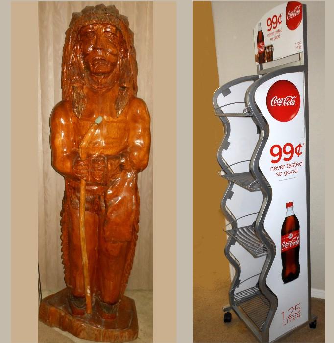 Approximately 5Ft Tall Carved Wooden Native American Statue and Coca Cola Metal Shelving Unit