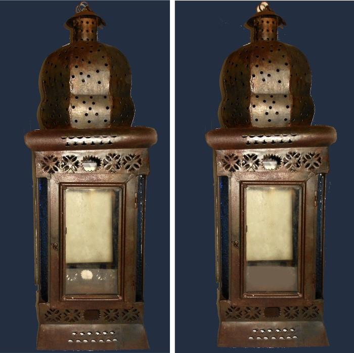 Pair of Large Antique Metal and Glass Lanterns-Side Glass Panels are Blue 