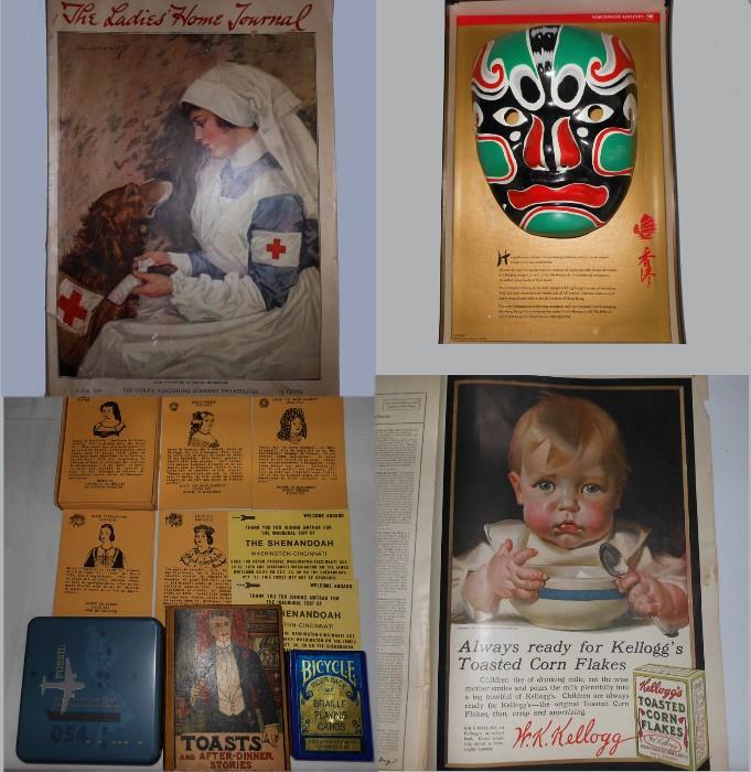 Airline Mask, Brail Playing Cards, Vintage Toasts Book and Vintage Ladies Home Journal Magazine with Great Ads and Graphics 
