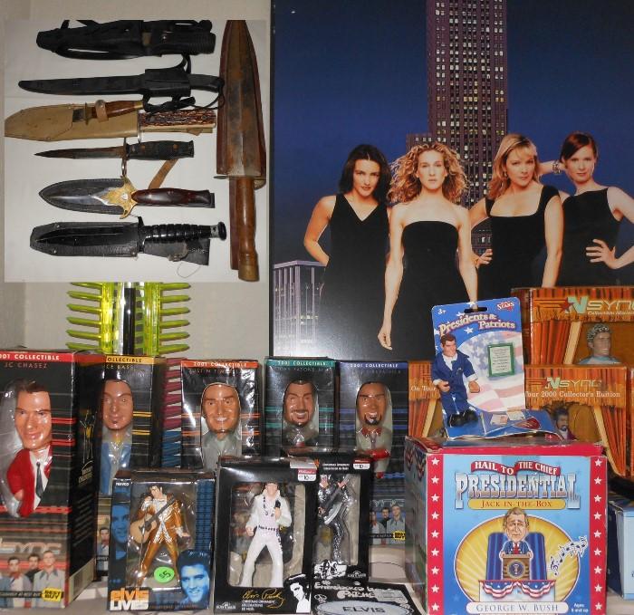 Nsync Bobble Heads, Elvis Figures, George Bush Jack in the Box, Sex in the City Poster and large Knives  