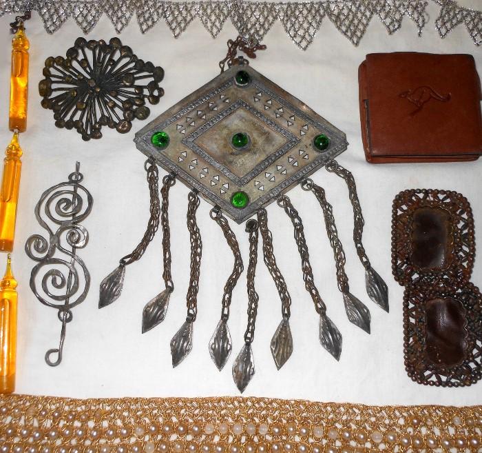 Large African Berber Style Pendant, Hair Jewelry, Antique Shoe Clips, Hand Beaded Collars and Ampules 