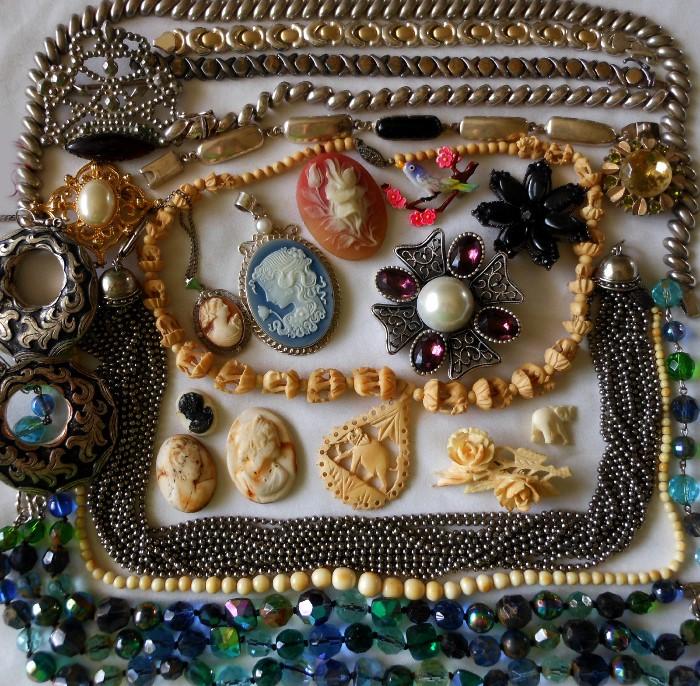 Good Costume Jewelry and Cameos including a nice Hobe Brooch and Antique Ivory