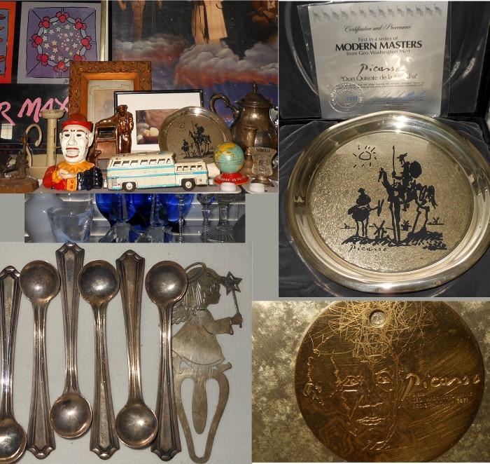 Sterling Silver Picasso Plate, Sterling Silver Teapot, Sterling Silver Demitasse Spoons, Banks and Vintage Toy Bus