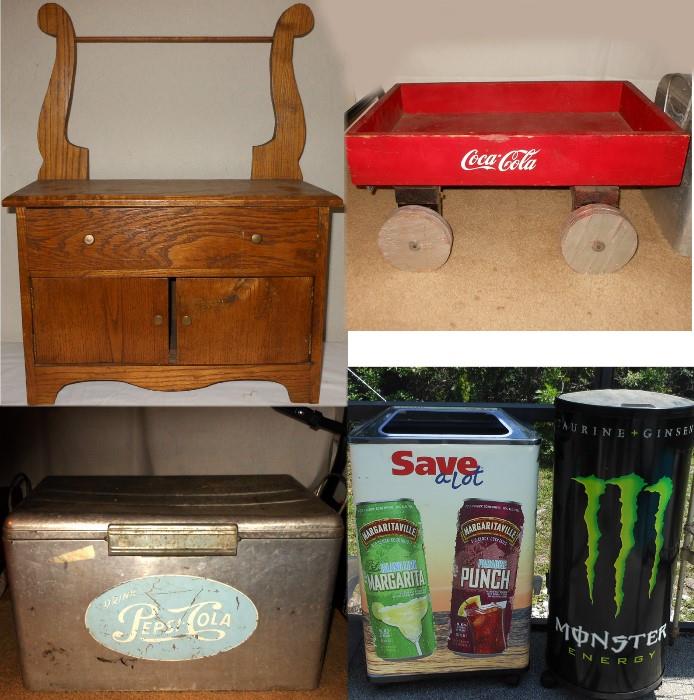 Doll's Wash Stand, Coca Cola Wagon, Pepsi Cola Ice Chest and large Store Coolers