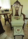Vintage Embroidered Tapestry Seat Chair with Matching Foot Stool, Marble Top Side Table