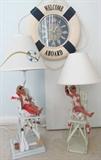 Welcome Aboard Life Raft Wall Clock, Artist Signed Him & Her Life Guard Table Lamps