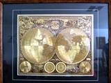One of Two  Nicely Framed Prints of World Map Nova Totius Terrarum Orbis Tabula... Gold Foil World Globe Print