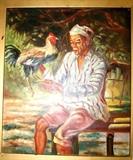 Original Oil on Board Oriental Artwork depicting a prized rooster being readied for its next cockfight...or a losing rooster about to become dinner...  Very good detail.  Artwork is signed by artist E. Talob