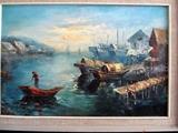 Nice  Vintage Artwork depicting oriental water scene with sampans and waterman...likely Southeast Asia setting.  Artwork is signed by artist G. Gohan.