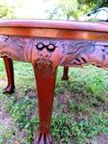 Vintage Oriental Style Hand Carved Round End Table with glass top ...carved camphor wood base with rich finish, Cabriolet Style Legs with ornately carved faces  and  nicely carved acanthus legs with paw feet