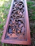 Top View of Beautiful Vintage Oriental Style Hand Carved Coffee Table with 3 drawers storage...with brass pulls... Camphor Wood with rich finish...exquisite hand carved top ( table is approx. 60" x 16" x 20")