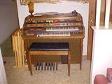 working organ and bench, Fostoria candy jar and folding small tables