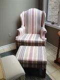 Great Queen Anne Style Chair by Sherril  in a fun stripe with Ottoman are nestled in the corner of the kitchen!
