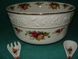 Old Country Rose - Royal Albert - Sculptured edged Salad Bowl with servers. 10.5" x 5.5"
