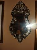 Antique/Vintage Art Deco Mirror featuring cut and etched glass with guitar shape 30" x 15 1/2"- One of a Kind!