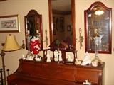 Set of 3 Wood Framed Wall Mirrors 1(40" x 20") 2(32" x 17") plus Lenox manger scene, lovely console piano, crystal table lamps, piano babies and collectible figurines
