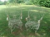 Vintage Iron White French metal twist Peacock Garden pair of Chairs very rare, approx. 4' tall