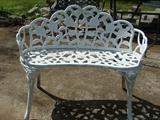 Vintage white iron kidney shaped garden bench with rose motif, 30.5" x 37.5"