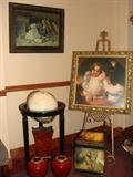 Oil Painting, Porcelain World Globe, Easel, Framed Portrait, Vases and Metal Containers