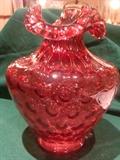 Cranberry Glass Vase - ruffled rim dot optic thumbprint 11" x 9"