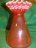 Fenton Cranberry Glass Vase - Opalescent "surround" ribbing of ruffled/gathered top 7" tall