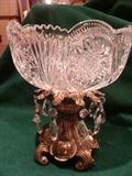 Cut Glass Compote with brass pedestal and crystal droplets
