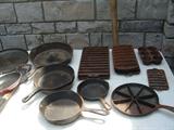Vintage Cast Iron Ware with names like Wagner, Griswold, S&K: Cornbread and Bread Stick Bakers,  Cast Iron Skillets from 8" to 12" up to 3" deep