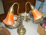 DOUBLE ARM TABLE LAMP VINTAGE WITH IRIDESCENT LAMP SHADES