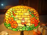 CIRCA 1910-25 LEADED GLASS LAMPSHADE CLOSEUP OF "HOLLYHOCKS".