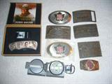 US MILITARY COMPASS, BELT BUCKLE COLLECTION & JOHN WAYNE KNIFE.