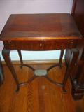 CIRCA 1856 AMERICAN VICTORIAN ROCOCO SEWING CABINET FLIP TOP TABLE WITH ORIGINAL FINISH.