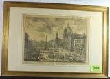 Lot#:	308
Description:	Art, Giovanni Piranesi Etching View of Navona
This is a beautiful, antique Intaglio style etching by Italian artist Giovani Battista Piranesi titled, "Veduta di Navona Sopra le Rovine del Circo Agonale" (View of the Piazza Navona above the ruins of the Circus Agonale). From the “Veduta di Roma” View of Rome Series, 1751; this black and white vedute print delivers a vivid image featuring an 18th century Roman cityscape with exceptional detail in the building architecture. It appears to be printed on “laid paper” which has a ribbed textured appearance of parallel lines, used during that time period. The print is professionally matted and framed with some broad wrinkling or cockling of the paper and age toning. The wood frame has an antique gold finish. Platemark measures 20.75” wide x 15.75” tall; frame measures 24" tall x 35" wide.
From the internet: "Giovani Piranesi (1720 – 1778) was an Italian artist famous for his etchings of Rome. Veduta di Roma (View of Rome