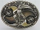 Lot#:	90
Description:	Jewelry Sterling Silver Eagle & Bear Claw Buckle
Stunning sterling silver belt buckle with Southwestern / Native American Indian style design. Featuring large bear claws and eagle talons or mountain lion claws. Buckle has intricate flower, feather and swirl metal work designs. Marked / signed "Lucky sterling", measures: 3.5" wide x 2.75" tall. Total weight: 3.22 ozt. 
ZB3515 