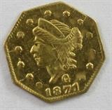 Lot#:	54
Description:	Coin 1871-G California 1/4 Gold Dollar GEM BU
Beautiful 1871-G California 1/4 Gold Octagonal Fractional Dollar ($ .25), consignor graded GEM "Brilliant Uncirculated" condition.
From internet: "The gold mining regions in California at the peak of the gold rush often suffered from a lack of currency, and a “pinch of gold dust” was often used instead, but with very inaccurate results. With no federal mints in the West to provide currency, individuals began producing their own gold coins to fill the void. These “territorial issues” were made in a wide variety of designs and many were later melted down."
No Sales Tax on Coins, Currency, or Bullion.
Tag Words: Numismatics, Coins, Currency, Money, Collectable, Retirement, Investment, Financial.