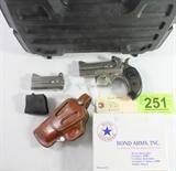 Lot#:	251
Description:	Gun Bond Arms Texas Defender, 357/ 38, 410/ 45
This is a very nice Bond Arms Texas Defender (XEC) chambered in 357/ 38 plus additional interchangeable barrel in 410/ 45. Features include 3" interchangeable barrel, automatic extractor, rebounding hammer, retracting firing pins, crossbolt safety, Spring-Loaded Cammed Locking Lever, Stainless Steel with Satin Polish Finish, Trigger Guard, Sights are blade front and fixed rear, Weight is 20 oz., 5" length overall and custom laminated black stock. This package also includes a custom Bond Arms brown leather holster and an additional rubber slip on grip. Used Condition is 95%, like new with original box and Bond Arms associated paperwork.
From internet: "Bond Arms Inc. is a firearms manufacturer located in Granbury, Texas which makes derringers."

Tag words: Firearm, 357Mag, .357 Mag, .357Mag, 357 Magnum, .357 Magnum, 357Magnum, .357Magnum; 38SPL, .38 SPL, .38SPL, 38 Special .38 Special; 410Ga, 410 Gauge, 00Buck, 00Buck