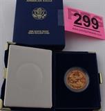 Lot#:	299
Description:	Coin 1986 GOLD $50 American Eagle, Proof
BEAUTIFUL 1986 Gold $50 American Eagle as issued by the US Mint with original packaging. West Point minted 446,290 coins in 31.104g of .9167 fine Gold.
Great piece for any collection!
From internet: "The American Gold Eagle is an official gold bullion coin of the United States. Authorized under the Gold Bullion Coin Act of 1985, it was first released by the United States Mint in 1986."
http://www.potofgoldestate.com/coinguide/
No Sales Tax on Coins, Currency, or Bullion.
Tag Words: Numismatics, Coins, Currency, Money, Collectable, Retirement, Investment, Financial.