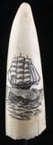 Lot#:	61
Description:	Vint Carved Ivory Scrimshaw Whaling Etched Tooth
Outstanding carved Ivory with etched scrimshaw tusk / tooth. Highly decorative and purely ornamental; these tusks derived from the practice of sailors creating common tools, in their spare time on whaling ships than eventually became artful creations. Exquisitely done with fine line detailing, this carved ivory statue is thought to be a whale tooth. It is etched on one side with a whaling scene including a tall mast whaleship in the background and a large whale. Item is being listed as ivory or bone according to the information provided by the consigner and is an early piece legal in the United States. Made from a solid piece; it is in superb condition with a couple fissure lines at the base and mounted on a black painted wood block. Unsigned, unknown age or origin. Measures approximately 6.75" tall overall; tooth measures 4” long x 1.25" wide. 
From the internet: “Scrimshaw essentially was a leisure activity for wh