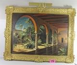 Lot#:	236
Description:	Art, Original Landscape Oil Painting Leo Z Sherman
Fabulous over-sized Southwest style original oil painting on stretched canvas by western artist Leo Z Sherman. Untitled, this painting depicts a stunning life-like Spanish Revival style courtyard scene with dense desert landscape and an old adobe Mission in the background. This is an earlier work done by Sherman; as his signature “reflective pool” is missing. Artist signed in the bottom left corner “Sherman”; this gallery quality work of art is professionally framed in an ornate gesso and gold gilt frame with attached brass gallery wall lamp. In excellent condition with no signs of damage or exposure. Measures 45" wide x 35" tall (frame to frame). 
From the internet: “Leo was a palette knife painter in oils and could do very realistic effects with it. He worked and lived part time in Camp Verde, Arizona and would often do a painting as a demonstration at art shows and could complete it in 45 minutes to an hour. H