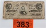 Lot#:	383
Description:	Coin 1864 $50 Richmond VA Confederate Note
1864 $50 Richmond VA Confederate Note, appears to be in Good to Very Good condition; this $50 Confederate note has a picture of Jefferson Davis in the center. This note was printed with black ink and a pick overprint on the front and with blue ink on the back. 
From internet: "The Confederate States of America dollar was first issued just before the outbreak of the American Civil War by the newly formed Confederacy. It was not backed by hard assets, but simply by a promise to pay the bearer after the war, on the prospect of Southern victory and independence."
No Sales Tax on Coins, Currency, or Bullion.
Tag Words: Numismatics, Coins, Currency, Money, Collectable, Retirement, Investment, Financial